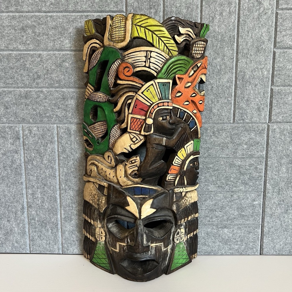 Large Hand Carved Mayan Aztec Warrior Wood Wall Mask Folk Art Mexico 19.5" Tall